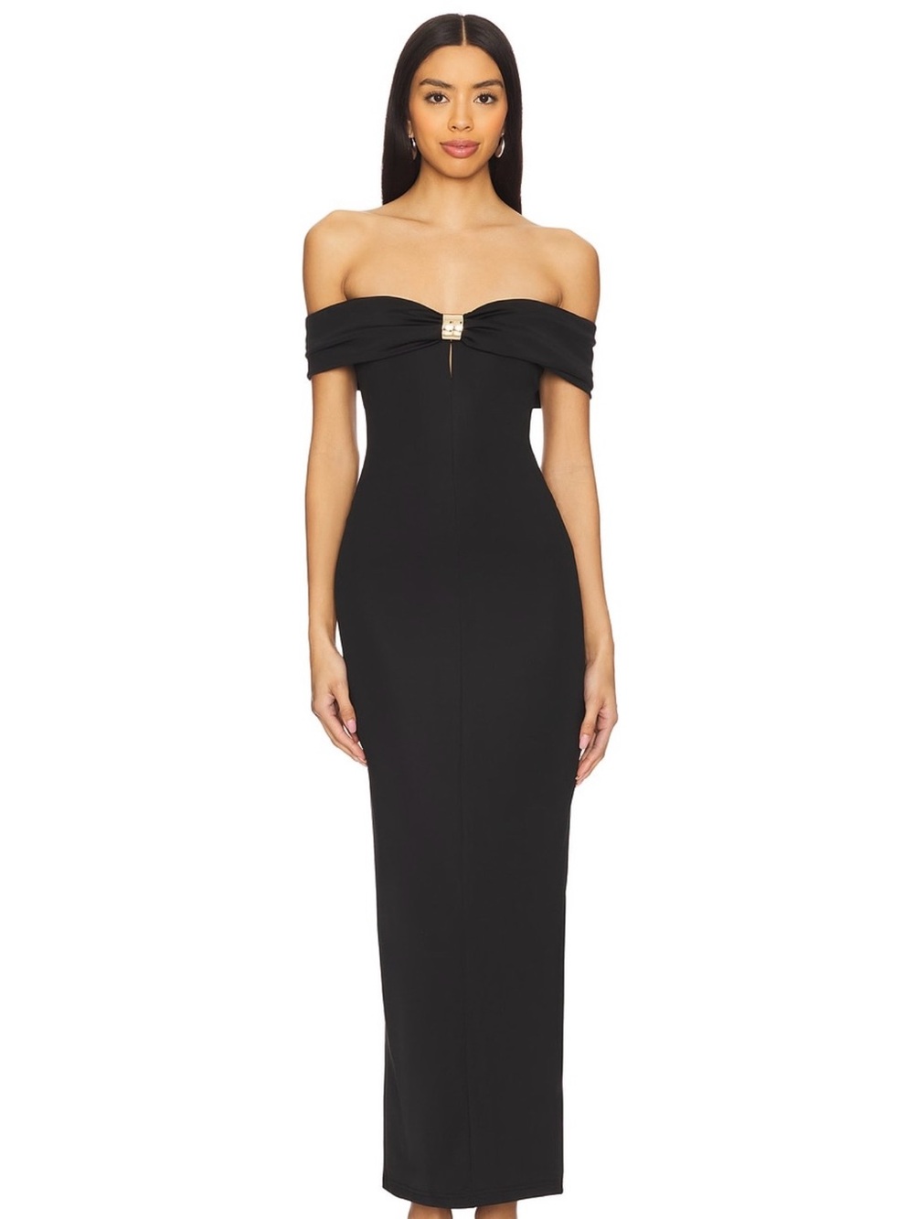 superdown Black Strapless Off-Shoulder Evening Gown with Gold Accent